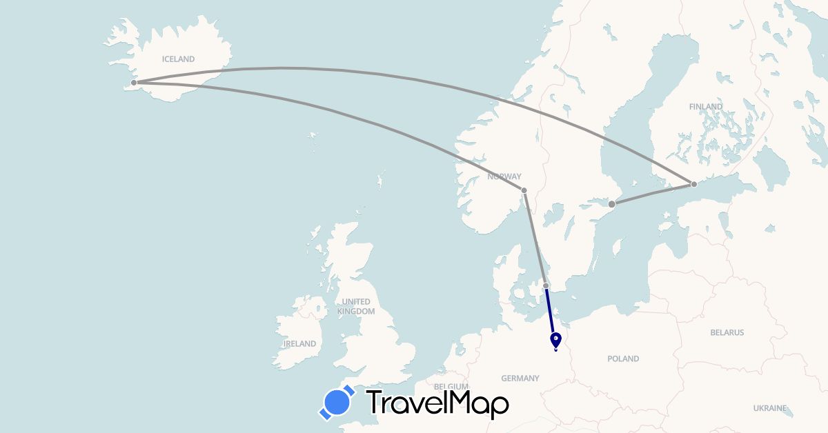 TravelMap itinerary: driving, plane in Germany, Denmark, Finland, Iceland, Norway, Sweden (Europe)